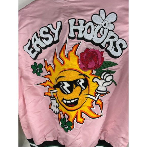 First Row Easy Hours Varsity Letter Contrast Patch Bomber Jacket Snap Pink Small - Picture 14 of 16